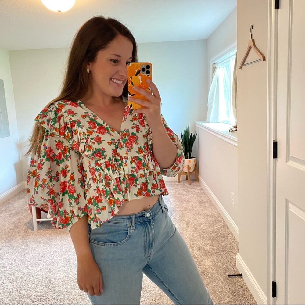 Rhode Resort White Pink Red Floral Dazzle Elodie Crop Blouse Top Medium M - Picture 7 of 15